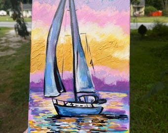 Pintura original Golden Sail sobre lienzo estirado de 10 x 20 pulgadas. Dawn Tarr. Vela, navegación, brillo metálico, textura, mar, océano, playa, náutico.