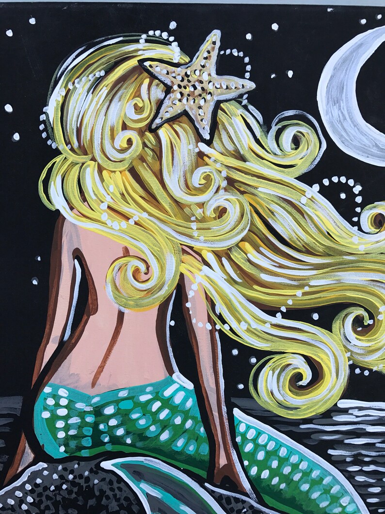 Blonde Mermaid Midnight Moon Stars Rock Ocean Beach Bay Etsy