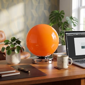 May include: A spherical orange glass table lamp with a polished chrome circular base. The lamp features a smooth, glossy finish that reflects light, sitting on a wooden surface alongside a small potted plant, a notebook, a pen, and a mug.