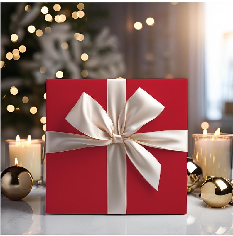 May include: A red gift box tied with a cream-colored satin ribbon and bow. The box is square and sits on a white surface, with candles and gold ornaments in the background, suggesting a holiday theme.