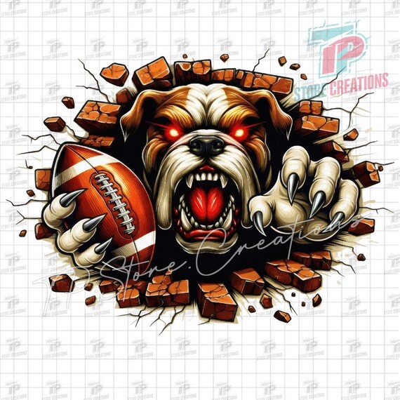 Bulldog Football PNG with Red Eyes Bursting Through Wall, Fierce Bulldog Spirit Shirt Design, Bulldog Mascot Png, Playoff Shirt Digital Art