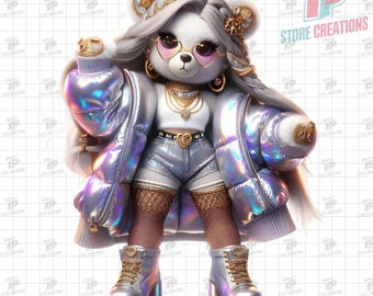 Luxe Teddy Bear PNG, Glam Bear Girl, Glamorous Fashion Diva Bear in Silver Outfit & Fur Coat, Bling Street Style Character Clipart for Merch