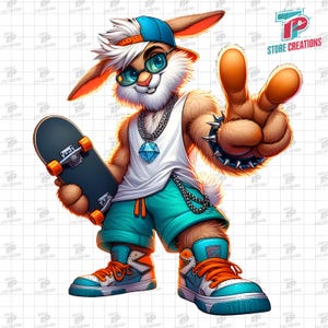 May include: A cartoon rabbit wearing a blue baseball cap, sunglasses, a white tank top, blue shorts, and orange and blue sneakers. The rabbit is holding a black skateboard and giving a peace sign.