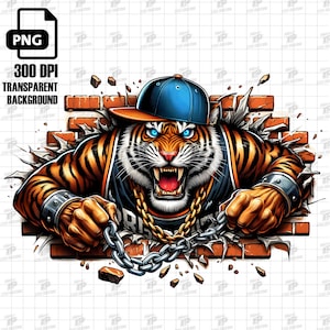 Puede incluir: Un tigre feroz con una gorra de béisbol azul y una cadena de oro, rompiendo un muro de ladrillos. El tigre tiene una expresión amenazante y sostiene una cadena en sus patas.