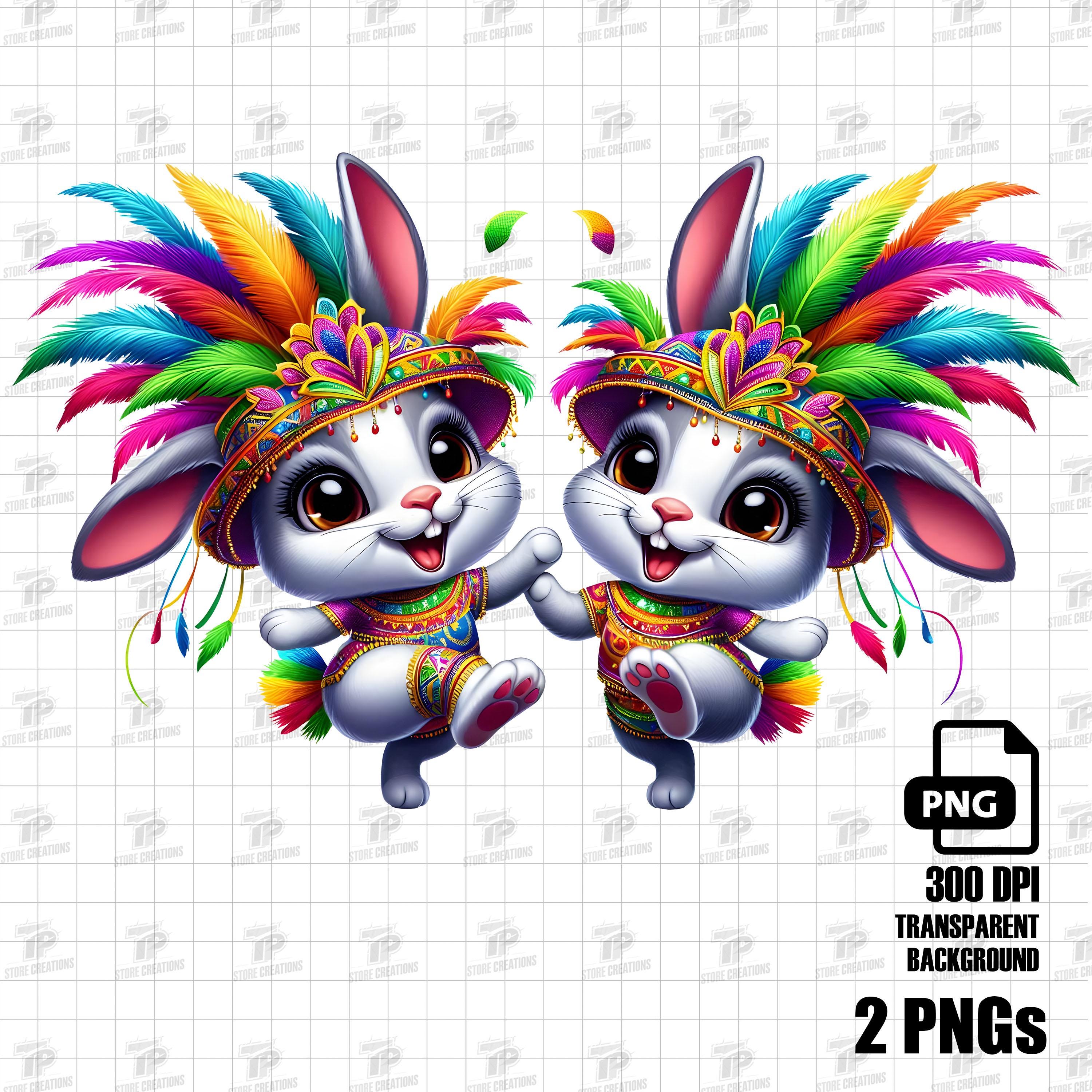 Carnival Bunny Drummers PNG Cute Rabbit Duo With Colorful Feathers ...