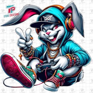 Gamer Bunny PNG, Gaming Bunny Png, Fajny Królik z Kontrolerem, Uroczy Clipart z Kreskówek, Gamer Png, Streetwear Bunny Png, Gaming Rabbit Png
