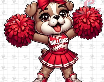 Mascota bulldog animadora roja PNG, arte de mascota bulldog, arte de hermana bulldog animadora roja, mascota bulldog chica, baile de mamá bulldog, porristas