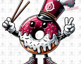Donut Mascot PNG, Cool Donut Character with Drumsticks & Drum Major Hat, Peace Sign, Donuts Png, Donut Clipart, Donut Png Shirt Design