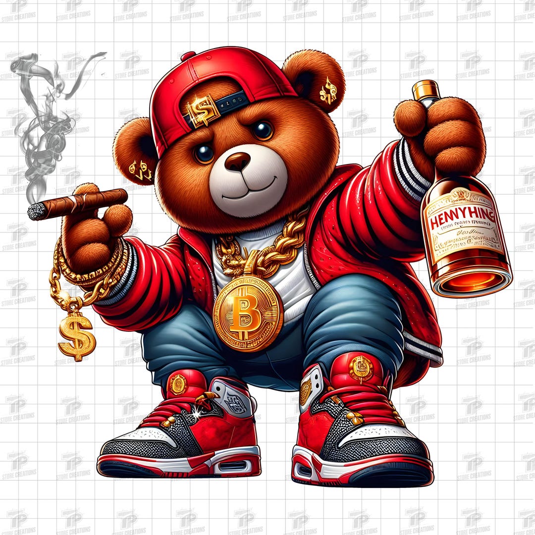 Block Bear Rapper Hip Hop Gangsta Bear PNG – Urban Teddy With Cigar & Bitcoin Chain ...