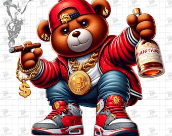 May include: A brown teddy bear wearing a red jacket, a gold chain with a bitcoin pendant, a red baseball cap, and red and black sneakers. The bear is holding a cigar in one hand and a bottle of Hennessy Very Special cognac in the other.