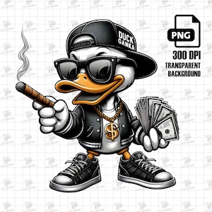 Genial pato gánster fumando cigarro, dibujos animados de pato de arte callejero de hip hop que sostiene un dinero, clipart de pato de calle, diseño urbano, pato con dinero png