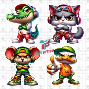 Paquete de animales geniales PNG, pato genial PNG / cocodrilo genial de hip hop PNG / ratón genial PNG / gato genial PNG / pato gangsta PNG / caimán gangsta PNG