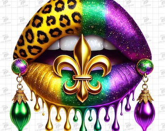 May include: A pair of lips with a gold fleur-de-lis in the centre. The lips are painted in a leopard print, green, and purple with gold glitter. The lips are dripping with gold, green, and purple paint. The lips are adorned with gold earrings with green and purple gems.