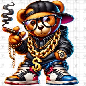 Gangster Bear PNG, Hip Hop Teddy Bear Png, Rich Gangster Teddy Bear Png, Streetwear Bear Shirt, Cool Bear Png, Urban Sublimation Design