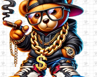 May include: A cartoon teddy bear wearing a black baseball cap, sunglasses, a gold chain with a dollar sign pendant, and blue jeans. The bear is holding a cigar in its paw and has a serious expression on its face.