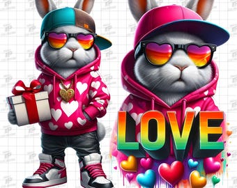 Valentine Bunny PNG, Love Bunny Png, Streetwear Bunny Art, Urban Valentine Design, Rainbow Love PNG Download, Bunny Clipart, Love Png, 2PNGs