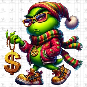May include: A green cartoon character wearing gold-rimmed glasses, a red jacket, and a striped scarf. The character holds a gold dollar sign pendant and wears gold sneakers. The character has a grumpy expression.