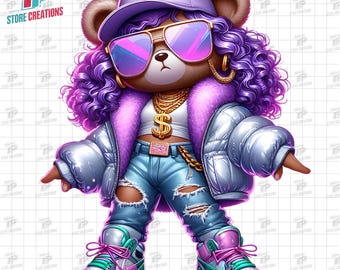Hip Hop Purple Bear Girl PNG, Purple Gangster Teddy PNG, Streetwear Bear Girl PNG, Cool Girl Bear Png,Digital Design for Background Lighting