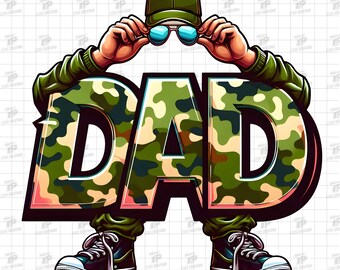 Vatertagsvater PNG - Camouflage DAD Textfigur mit Sonnenbrille, Mütze, Jacke und Turnschuhen für Sublimation & Druck, Geschenk für Papa