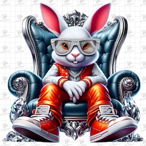 Luxury Gangster Rabbit PNG, Diamond Throne Hip Hop Bunny PNG, Bunny Boss, Trendy Outfit, Cool Rabbit Png, Streetwear Bunny Shirt, Bunny Png