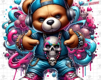 May include: A brown teddy bear wearing a blue cap, headphones, and a blue shirt with a skull pendant. The bear is styled in a hip-hop aesthetic, with pink and blue graffiti art in the background. The bear is wearing pink sneakers.