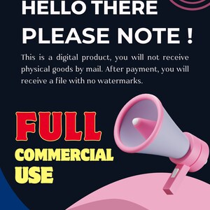 May include: A pink megaphone with a white speaker and a black handle. The megaphone is on a pink and blue background with the text "HELLO THERE PLEASE NOTE! This is a digital product, you will not receive physical goods by mail. After payment, you will receive a file with no watermarks. FULL COMMERCIAL USE TP.Store.Creations".