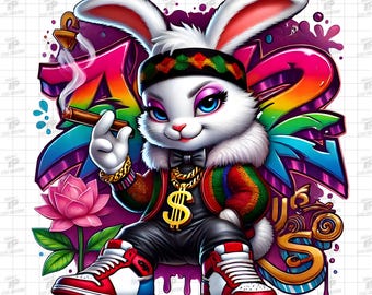 Cool Gangster Rabbit Smoking Cigar, Hip Hop Rabbit Png, Stylish Urban Graffiti Bunny Clipart, Urban Design, Rabbit Girl, Sublimation Designs