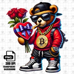 May include: A cartoon teddy bear wearing a red hoodie, black pants, and a black baseball cap. The bear is holding a box of chocolates and a bouquet of red roses. The bear is also wearing sunglasses and a gold chain with a bitcoin pendant.
