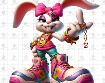 Conejita de hip hop PNG con lazo rosa, cadenas de dólares y zapatillas coloridas, linda conejita gánster PNG, conejita genial PNG, descarga digital
