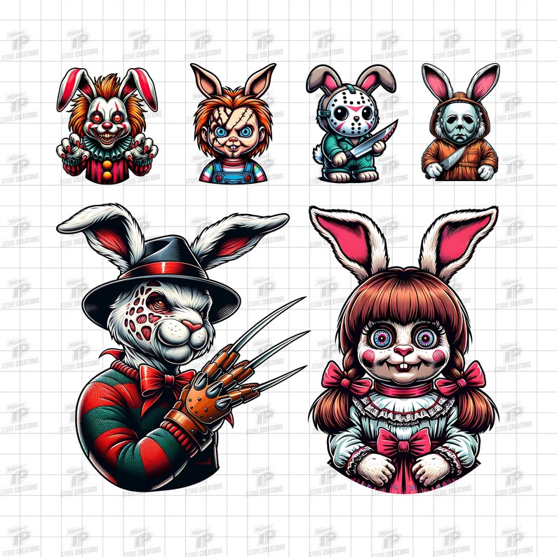 May include: Five cartoon bunny rabbit characters with different horror movie themes. A red and white clown bunny, a red and black Freddy Krueger bunny, a white bunny with a Jason Voorhees mask, a white bunny with a Michael Myers mask, and a pink and white Chucky bunny.