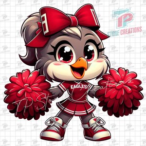 Puede incluir: Ilustraci&oacute;n de dibujos animados de una animadora &aacute;guila con uniforme rojo y blanco con la palabra "Eagles" en el pecho. El &aacute;guila tiene un lazo rojo, pompones rojos y zapatillas rojas. El fondo es blanco con un patr&oacute;n de cuadr&iacute;cula.