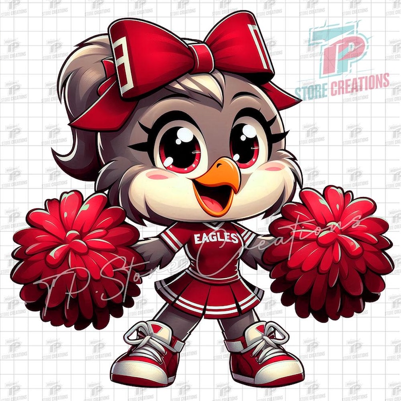 Puede incluir: Ilustraci&oacute;n de dibujos animados de una animadora &aacute;guila con uniforme rojo y blanco con la palabra "Eagles" en el pecho. El &aacute;guila tiene un lazo rojo, pompones rojos y zapatillas rojas. El fondo es blanco con un patr&oacute;n de cuadr&iacute;cula.