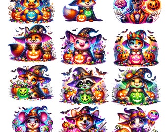 Watercolor Halloween Animals Collection Clipart, 14 PNG Halloween Clipart, Cute Halloween Animals Clipart, Animal PNG Bundle, Commercial Use