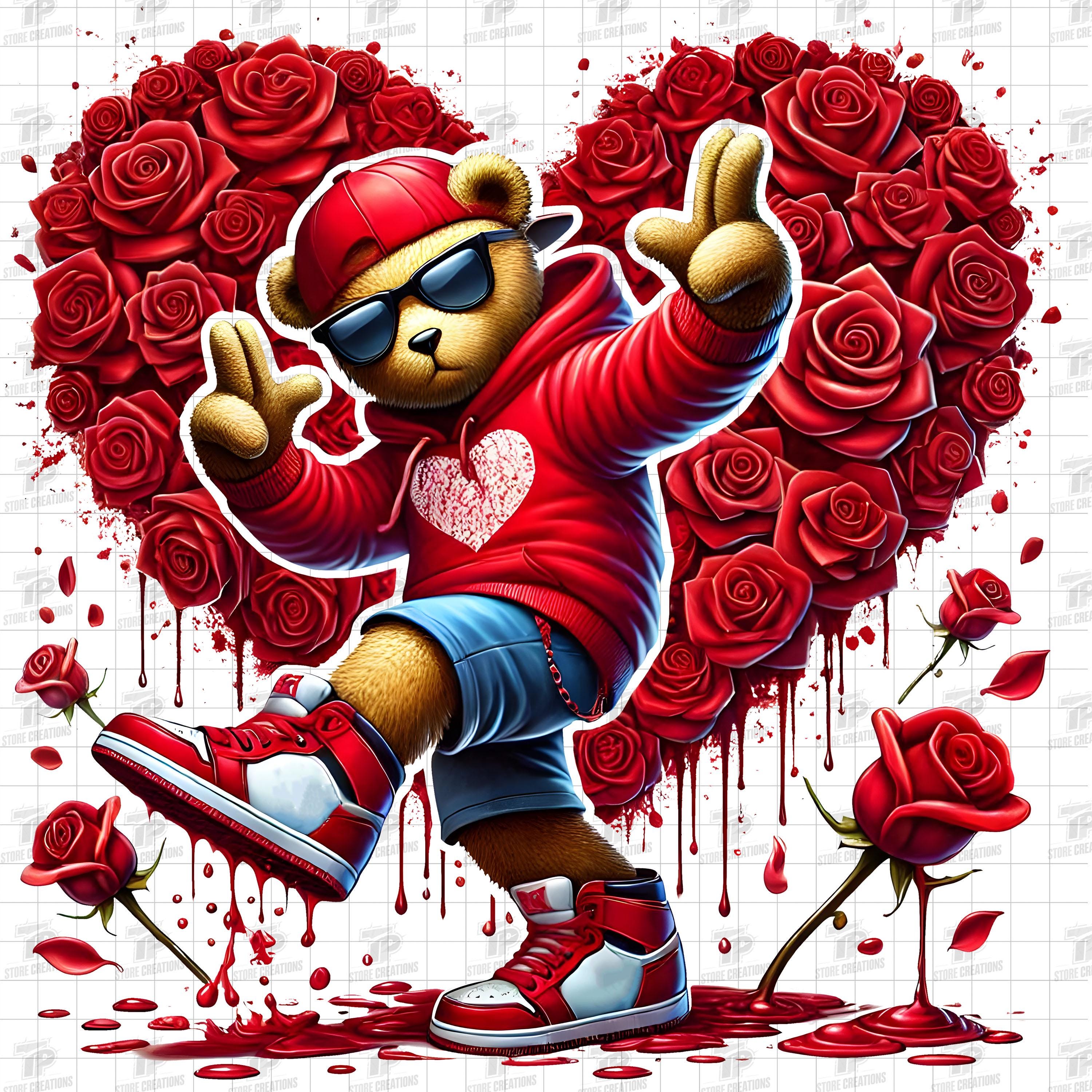 Valentine Bear PNG, Hip Hop Teddy Bear Png, Rose Heart Png Sublimation ...