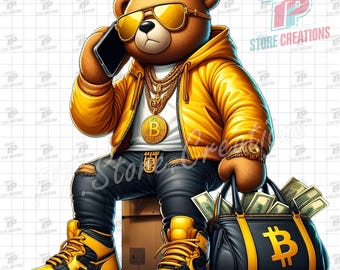 Gangster Teddy Bear PNG, Streetwear Teddy Bear PNG, Hip Hop Bear with Bitcoin Chain & Money Bag – Urban Digital Art for Apparel and Merch