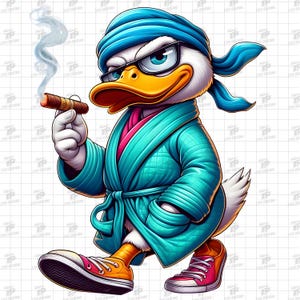 Hipster Duck Smoking Cigar Digital Download - Cool Duck Art in Bathrobe and Sneakers, Fun Cartoon Style PNG for T-Shirts, Wall Art, Stickers