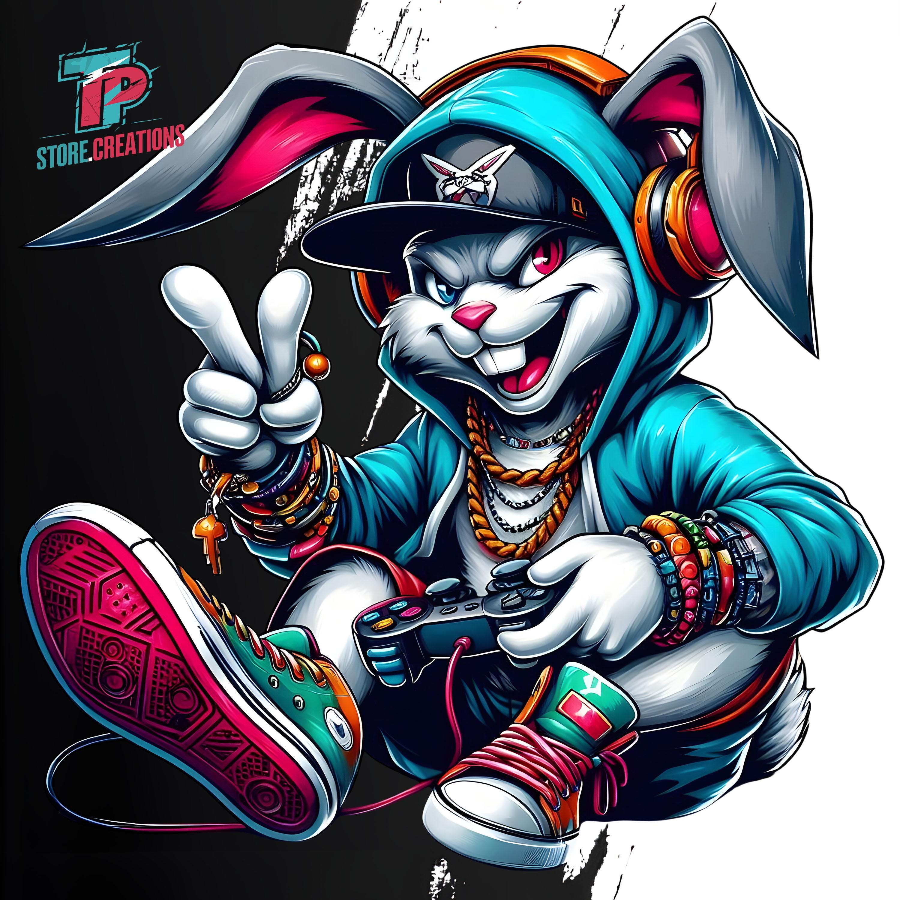 Gaming Rabbit Poster Gamer Bunny PNG, Gaming Bunny Png, Cool Rabbit With Controller, Cute ...