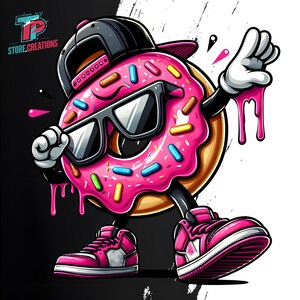 May include: A pink and brown donut wearing a black baseball cap, sunglasses, and pink sneakers. The donut is dripping pink frosting and has colorful sprinkles.