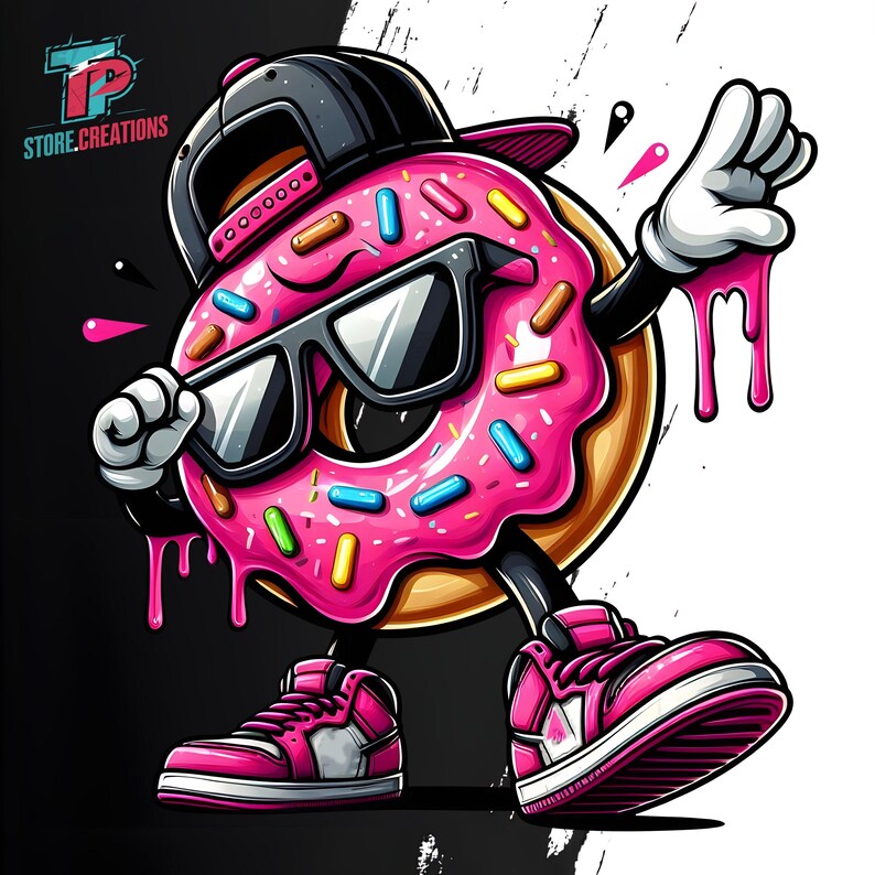 May include: A pink and brown donut wearing a black baseball cap, sunglasses, and pink sneakers. The donut is dripping pink frosting and has colorful sprinkles.