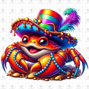 かわいいカニのマルディグラ PNG、マルディグラ昇華デザイン、ニューオーリンズフェスティバル、マルディグラシャツデザイン、カニシャツ PNG、カニ PNG、PNG 300dpi