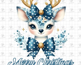 Merry Christmas Deer PNG - 2 Files, Blue Floral Deer with Glitter Bows, Christmas Deer Png, Deer Clipart, Deer Png, Trendy christmas png