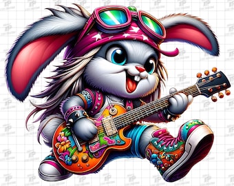 Cute Bunny Guitar PNG, Rock Rabbit Png, Colorful Rocker Bunny Clipart, Cool Bunny with Sunglasses, Sublimation Design, Digital Download