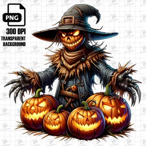 May include: A scary scarecrow with a pointed hat and glowing eyes stands in front of four jack-o'-lanterns with menacing grins. The pumpkins are carved with different facial expressions and have glowing orange eyes.