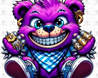 Purple Gangster Bear PNG, Gangster Diamond Bear PNG, Purple Hip Hop Bear Png, Streetwear Bear Png, Cartoon Bear Png, Digital Download