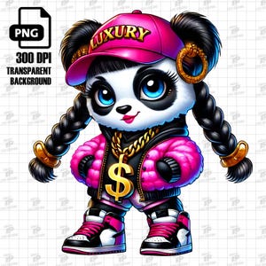 Panda de lujo PNG, Panda de hip hop PNG, Panda urbano PNG, Clipart de ropa urbana de moda para diseños de sublimación, diseño de camisetas y proyectos de bricolaje
