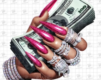 Light Women Hand Holding Money PNG, Money Stack Clipart, Cash Money Sublimation, Female Hand with Pink Nails, Diamond Rings & Stack of Cash