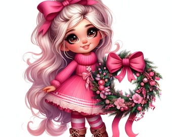 May include: A pink haired doll with a pink bow in her hair holds a green Christmas wreath with a pink bow. The wreath is decorated with red berries and other festive greenery.