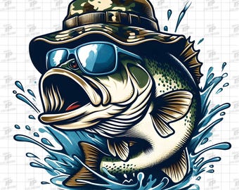 Bass Fishing PNG with Sunglasses and Camo Hat, Largemouth Bass PNG, Funny Fish Clipart, Fisherman Shirt Designs, Printable Fish