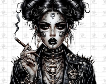 Ragazza gotica scura PNG, Ragazza con tatuaggio gotico PNG, Ragazza punk con estetica scura, Clipart con estetica scura, Ragazza spettrale PNG, Ragazza con faccia da teschio PNG