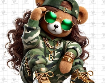 Orsacchiotto ragazza png, orsacchiotto hip hop png, orsacchiotto ragazza png, orsacchiotto mimetico urbano png, design a sublimazione di orsacchiotti streetwear, download digitale